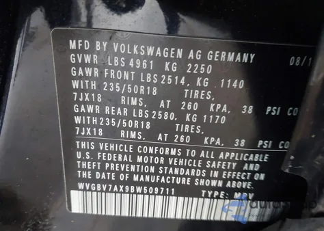 2011 Volkswagen Tiguan Se from USA, damaged, VIN WVGBV7AX9BW509711